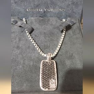 David Yurman Lg Black Diamond Dog Tag Necklace in Sterling Silver 2.68 CTW